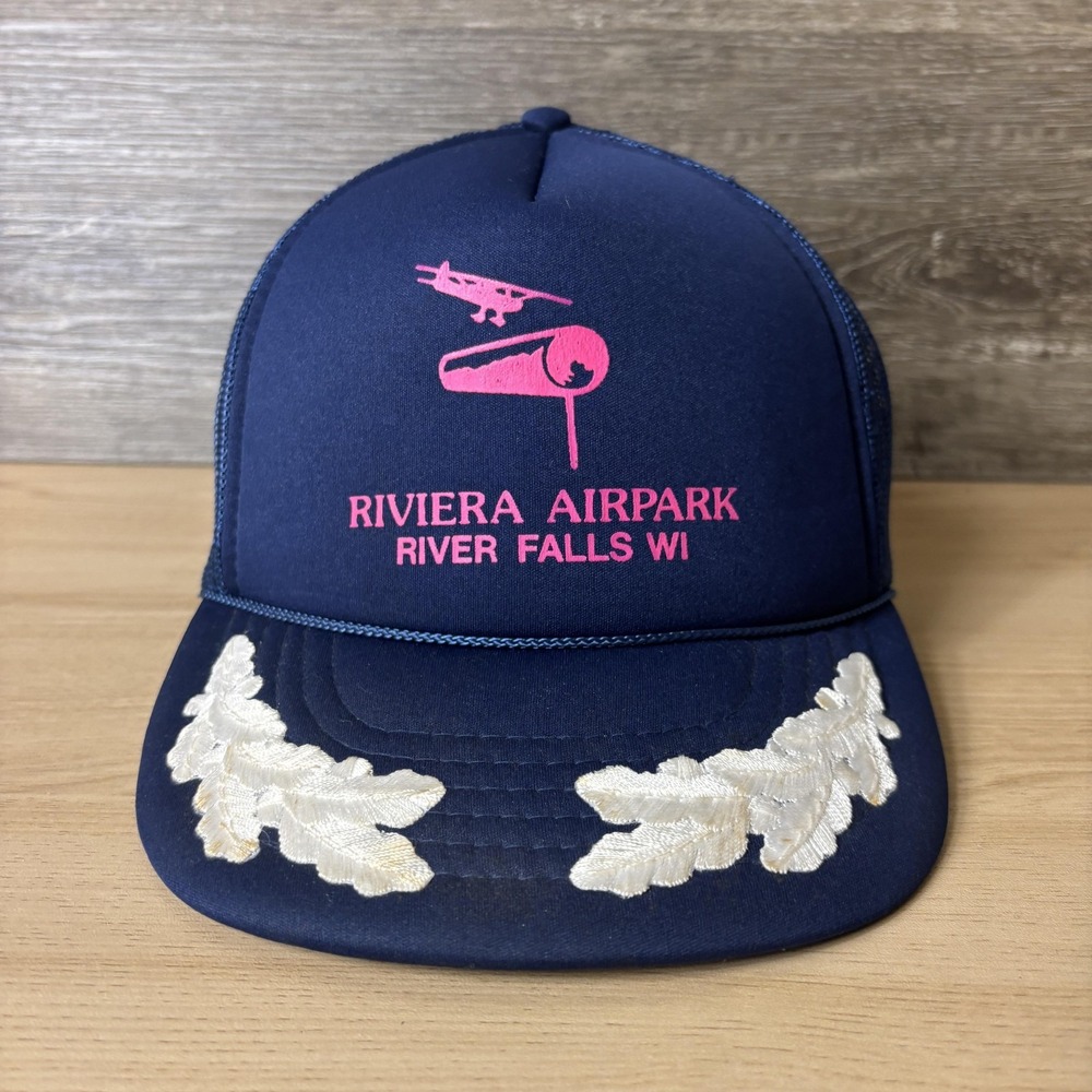 Vintage Riviera Airpark Hat Snap Back Navy Pink Trucker River Falls Wisconsin